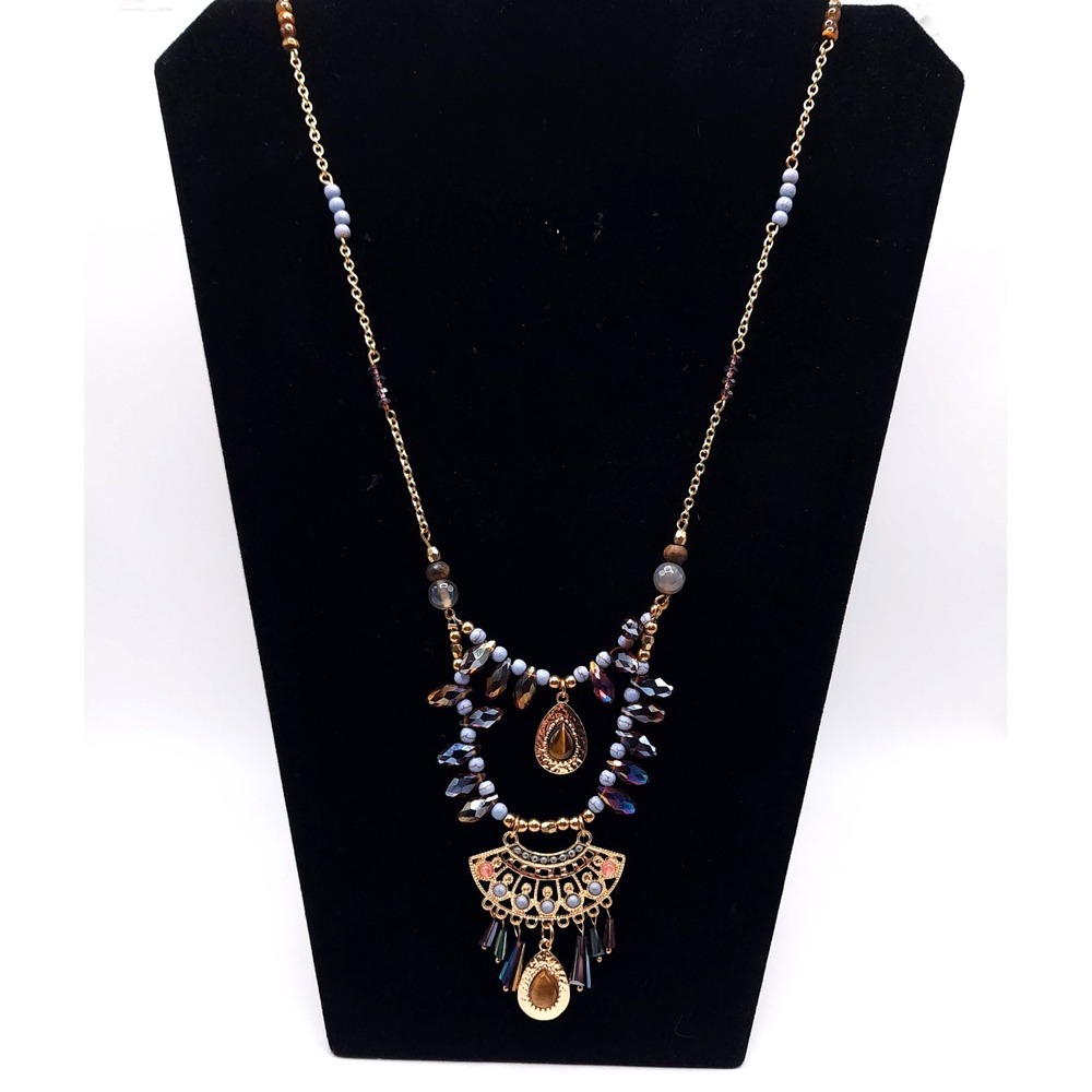 1946 Boho Bib Statement Necklace Tiger Eye Style Gold Tone